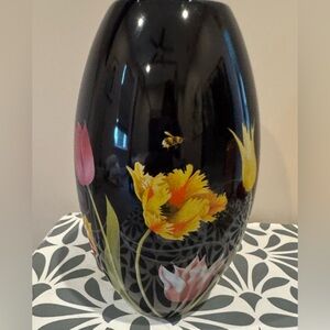 Demdaco Black Vase with Yellow and Pink Tulips
